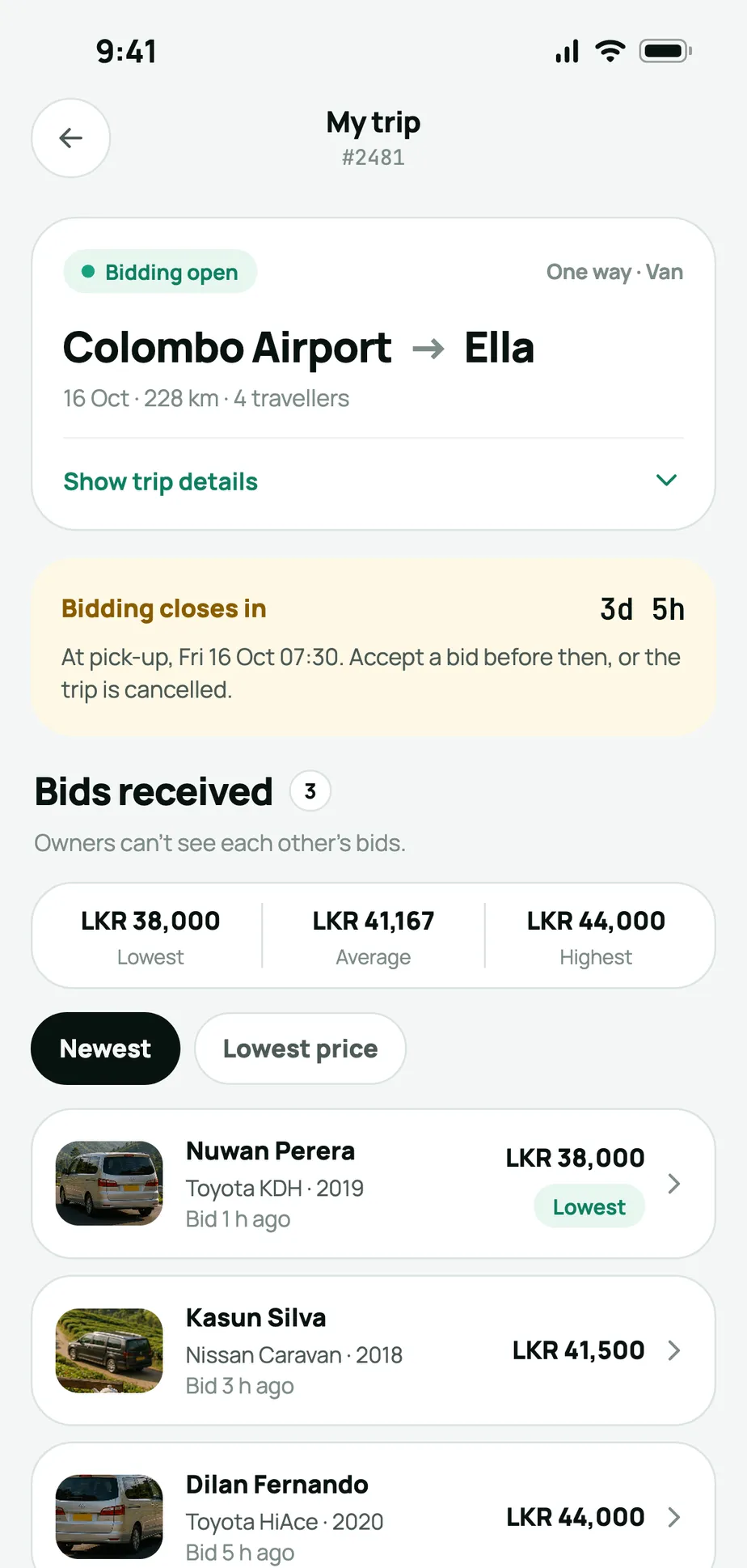 The Let's Ride app: a traveller's trip from Colombo Airport to Ella with three bids from local vehicle owners, the lowest LKR 38,000