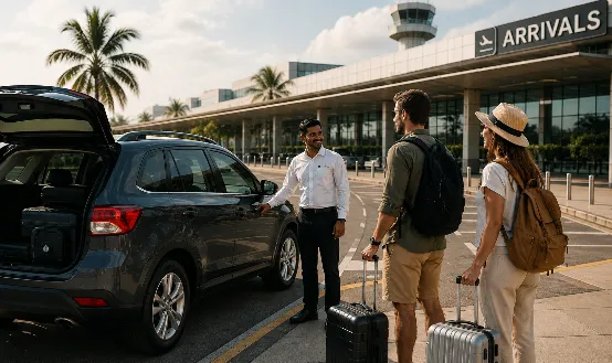 A driver meeting two travellers with their luggage outside an airport arrivals hall