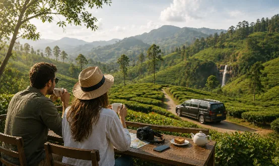 Two travellers having tea above a hill-country tea estate, with their hired van on the road below
