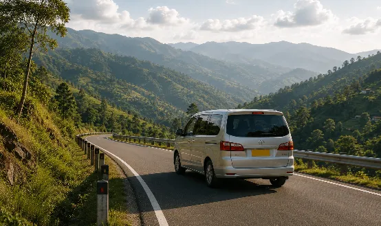 A white van on a winding mountain road in Sri Lanka's hill country