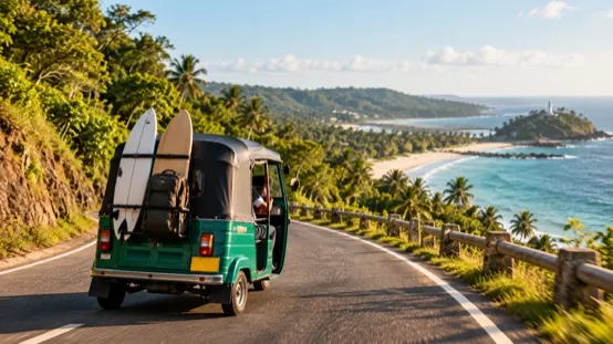 A green tuk-tuk with two surfboards strapped to the back, on a coastal road above a palm-lined beach